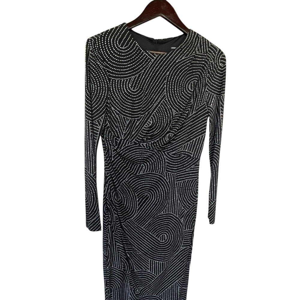 Maggy London Black/White Geometric Long Sleeve Crew Neck Sheath Knee Dress 6